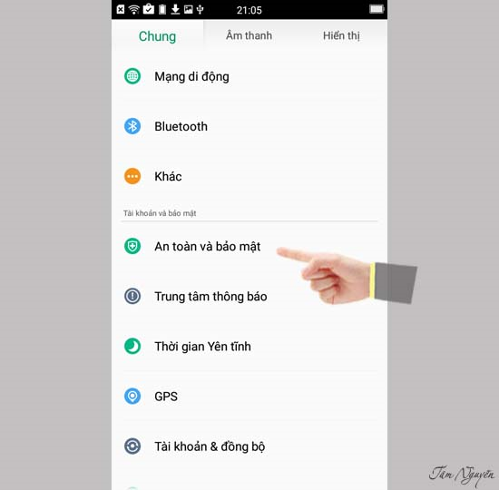 Cài đặt > Chọn mục An toàn và bảo mật.